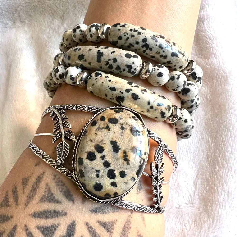 Dalmatian Jasper ID Mala Bead Bracelet - Picture 1 of 12